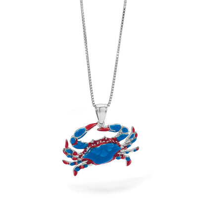 Sterling Silver De-Ani Rhodium-Plated Polished Enameled Blue Crab Pendant