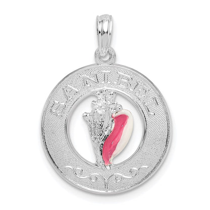 Sterling Silver De-Ani Rhodium-Plated Enameled Sanibel Circle With Shell Pendant