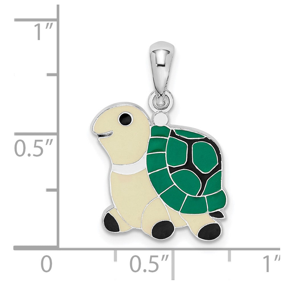 Sterling Silver De-Ani Rhodium-Plated Polished Enameled Green Turtle Pendant