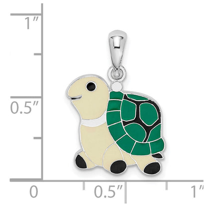 Sterling Silver De-Ani Rhodium-Plated Polished Enameled Green Turtle Pendant