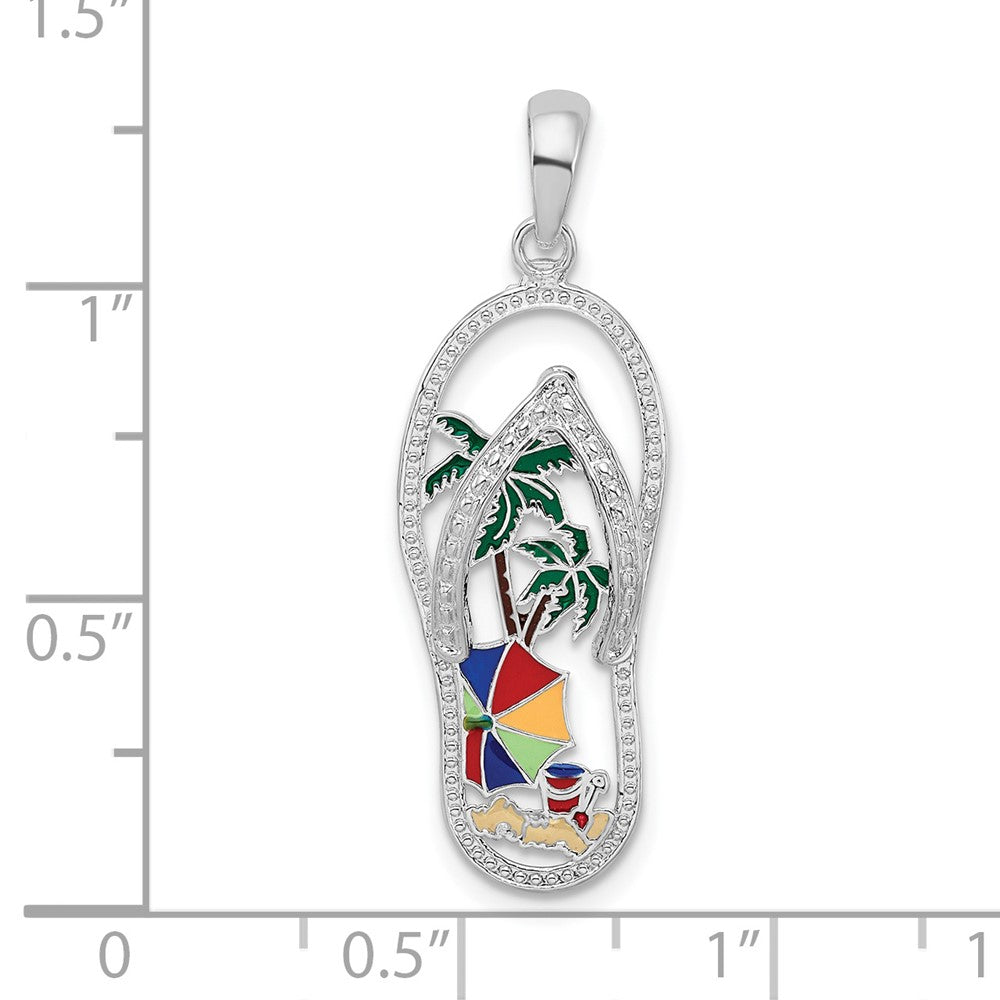 Sterling Silver De-Ani Rhodium-Plated Enameled Beach Scene Flip-Flop Pendant