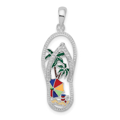 Sterling Silver De-Ani Rhodium-Plated Enameled Beach Scene Flip-Flop Pendant