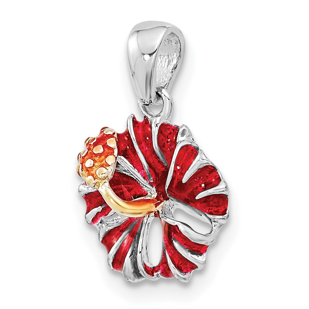 Sterling Silver De-Ani Rhodium-Plated Polished Enameled Red Hibiscus Pendant