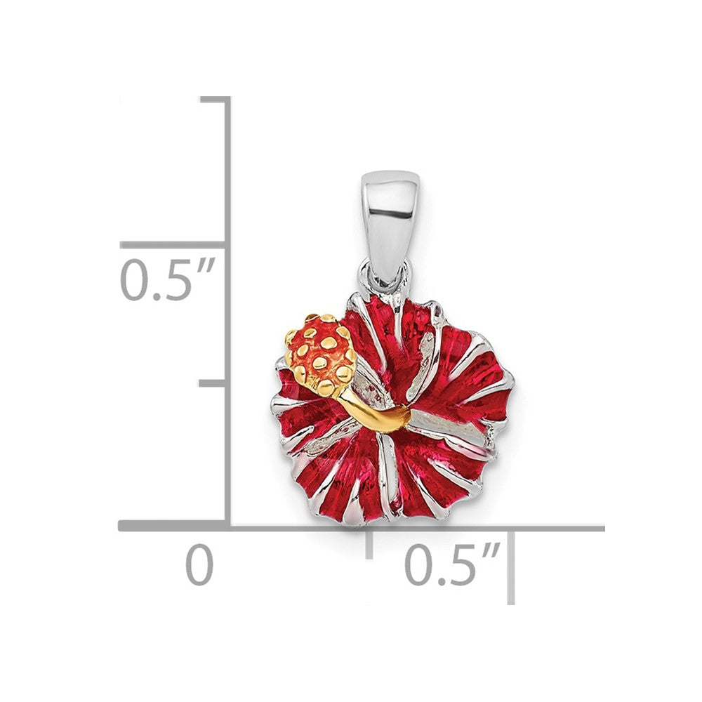 Sterling Silver De-Ani Rhodium-Plated Polished Enameled Red Hibiscus Pendant