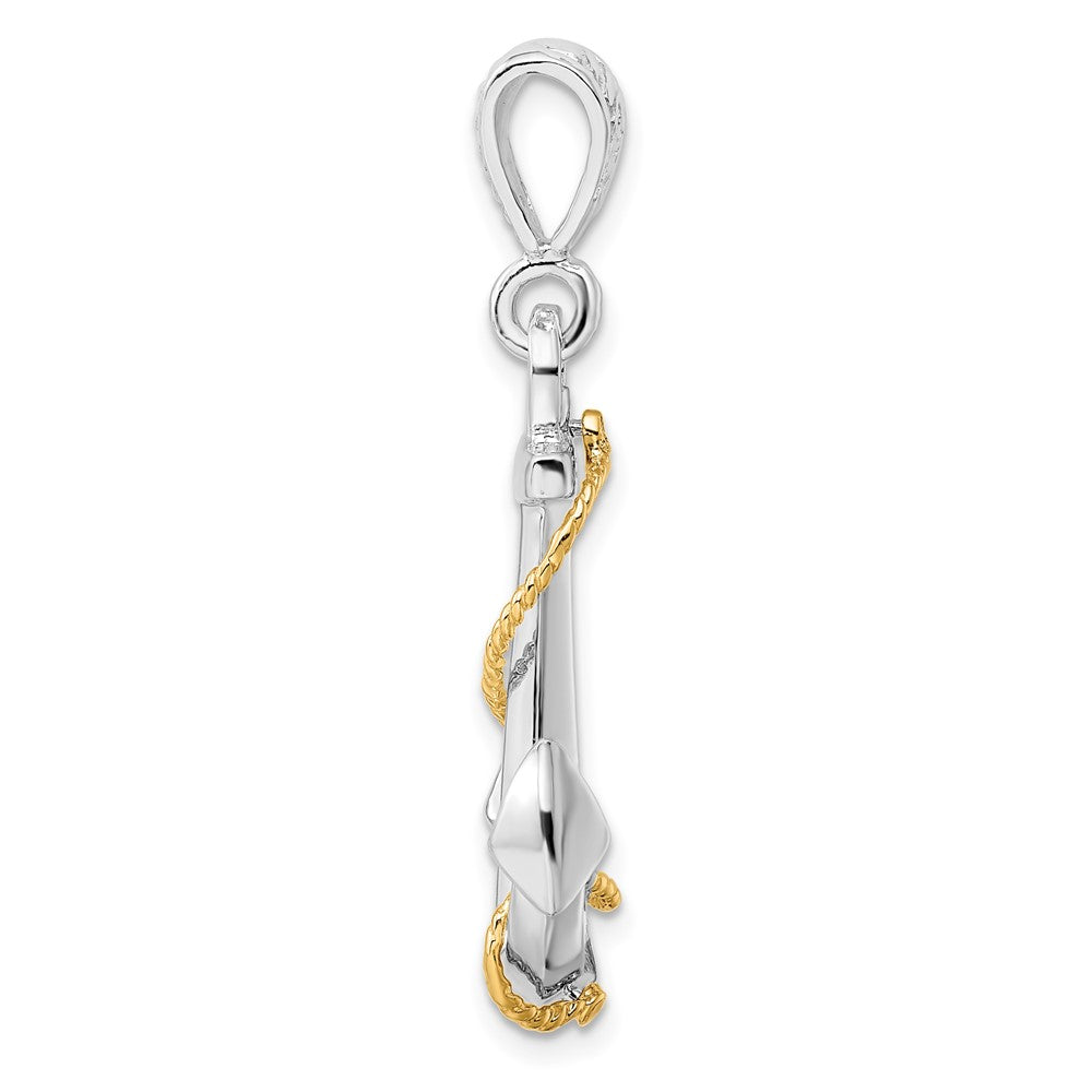 Silver/14K Two-Tone De-Ani Sterling Silver Rhodium-Plated Polished 3D Anchor With 14K Rope Pendant