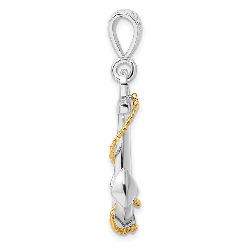 Silver/14K Two-Tone De-Ani Sterling Silver Rhodium-Plated Polished 3D Anchor With 14K Rope Pendant