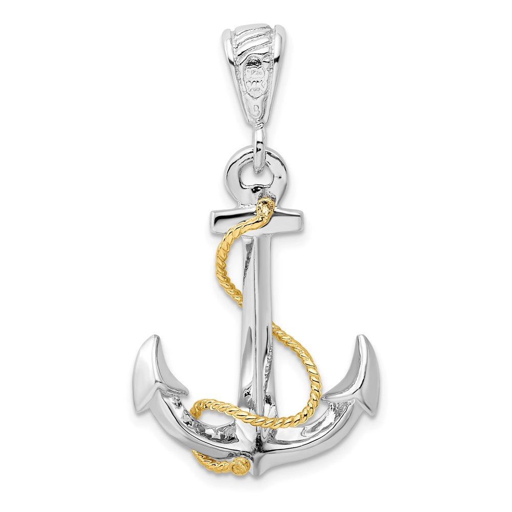 Silver/14K Two-Tone De-Ani Sterling Silver Rhodium-Plated Polished 3D Anchor With 14K Rope Pendant