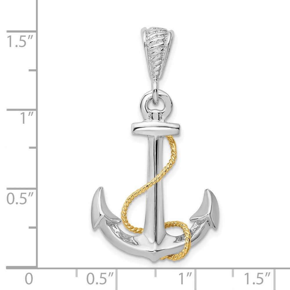 Silver/14K Two-Tone De-Ani Sterling Silver Rhodium-Plated Polished 3D Anchor With 14K Rope Pendant