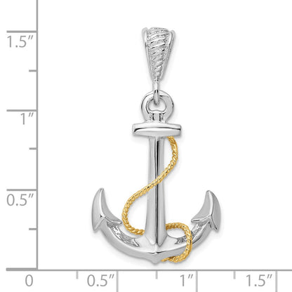 Silver/14K Two-Tone De-Ani Sterling Silver Rhodium-Plated Polished 3D Anchor With 14K Rope Pendant