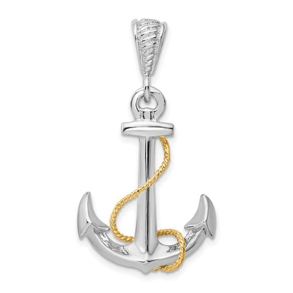 Silver/14K Two-Tone De-Ani Sterling Silver Rhodium-Plated Polished 3D Anchor With 14K Rope Pendant