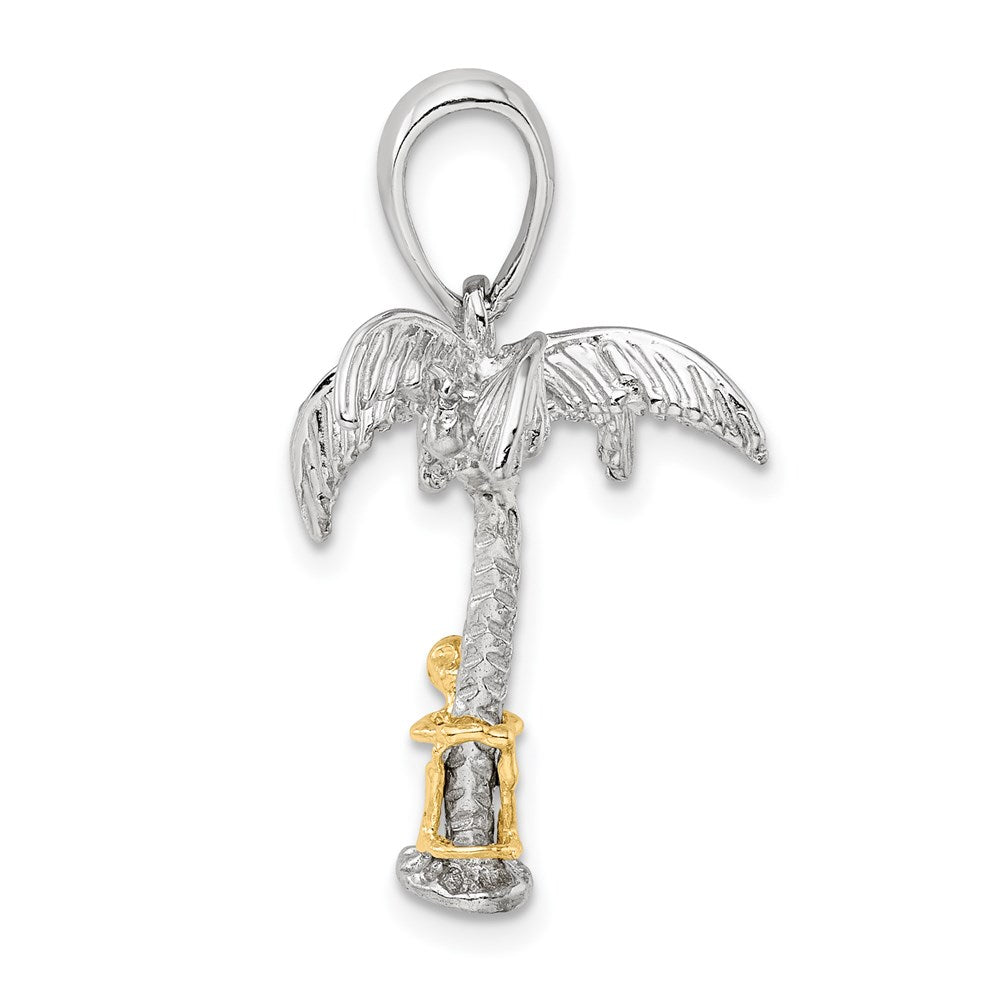 Silver/14K Two-Tone Sterling Silver Polish 3D Palm Tree W/14K Moving Climber Pendant