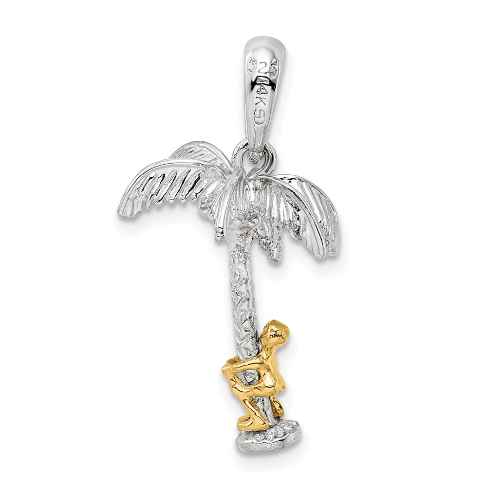 Silver/14K Two-Tone Sterling Silver Polish 3D Palm Tree W/14K Moving Climber Pendant