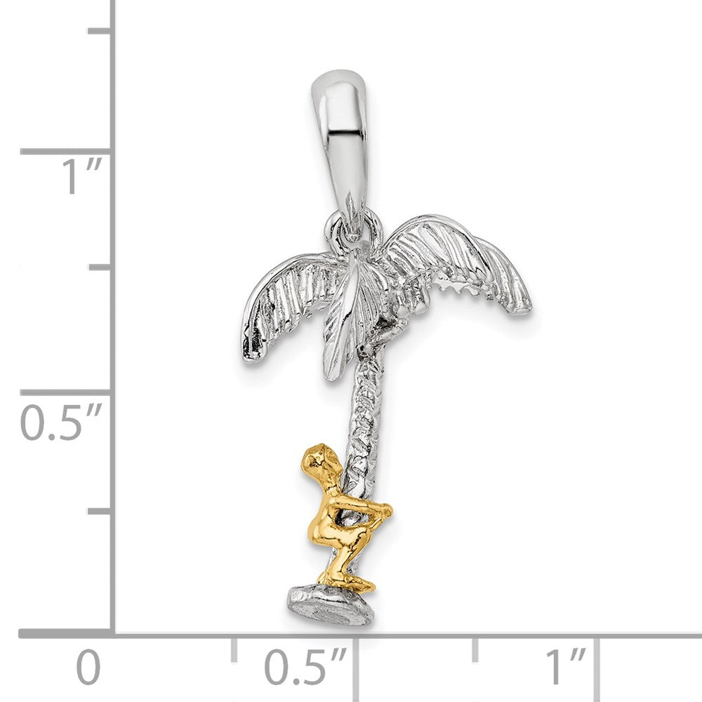 Silver/14K Two-Tone Sterling Silver Polish 3D Palm Tree W/14K Moving Climber Pendant