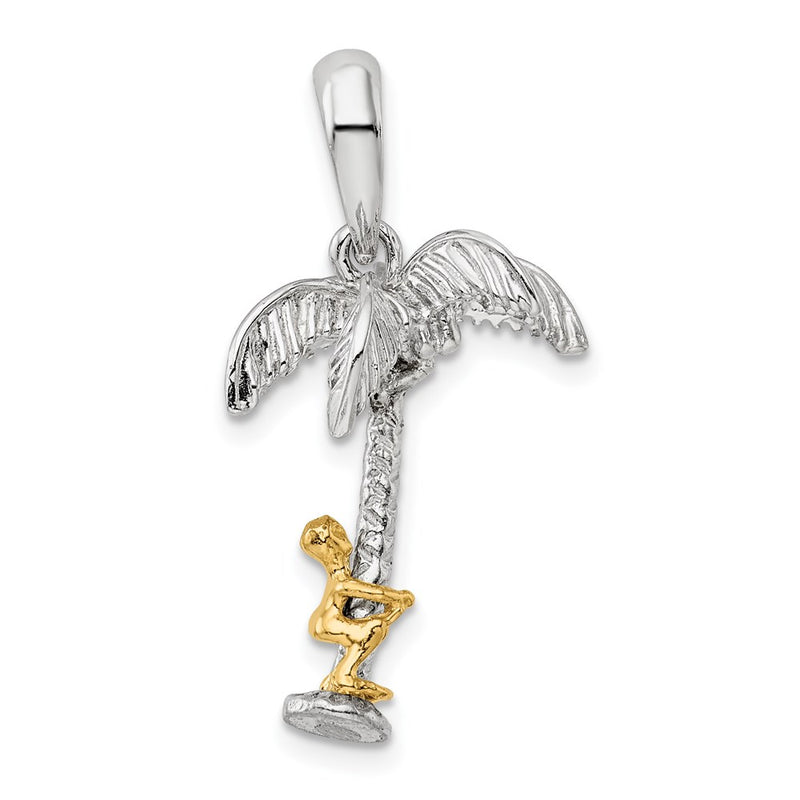 Silver/14K Two-Tone Sterling Silver Polish 3D Palm Tree W/14K Moving Climber Pendant