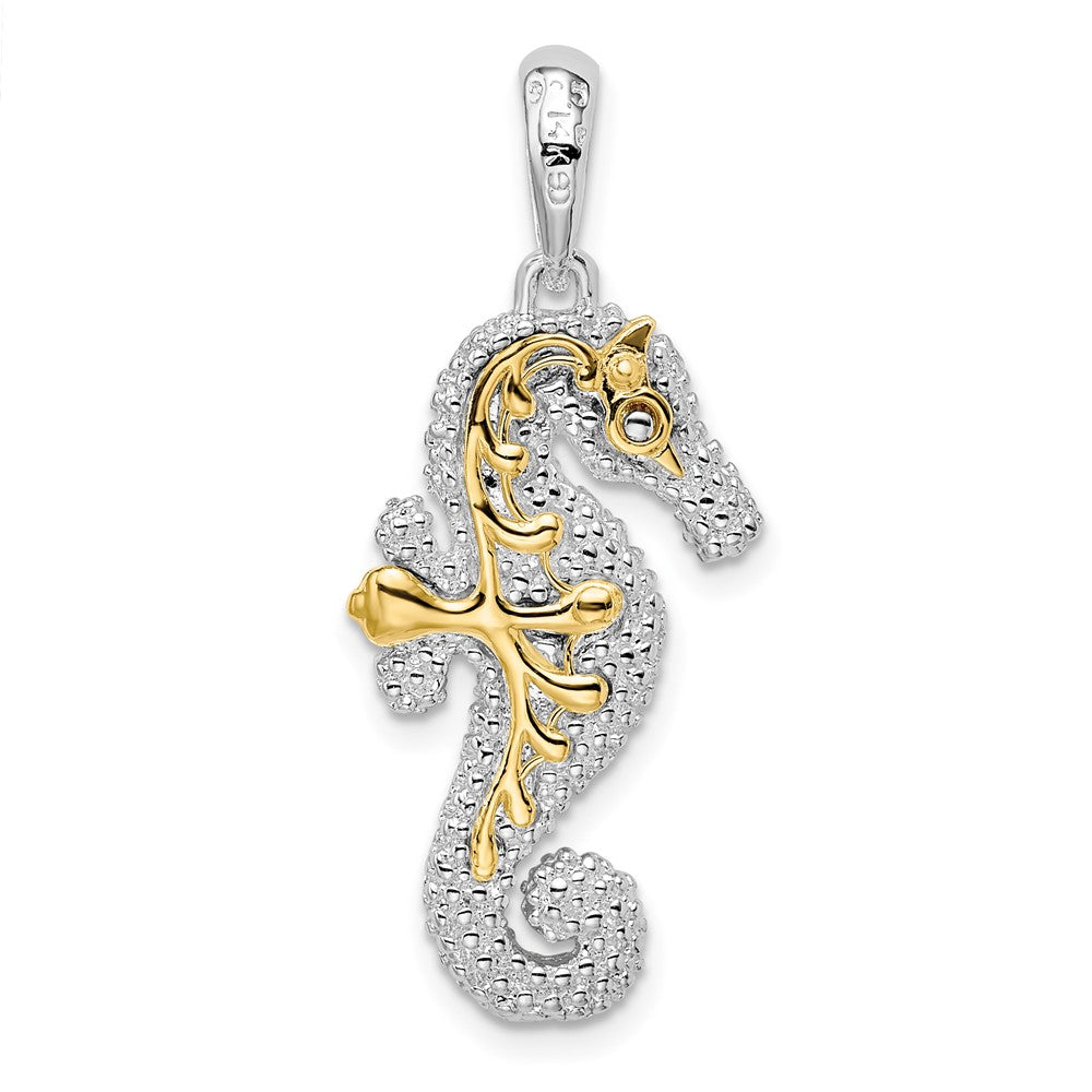 Silver/14K Two-Tone De-Ani Sterling Silver Rhodium-Plated 3D Large Seahorse With 14K Accent Pendant