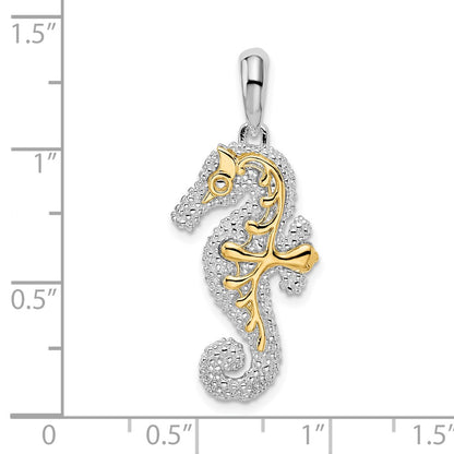 Silver/14K Two-Tone De-Ani Sterling Silver Rhodium-Plated 3D Large Seahorse With 14K Accent Pendant