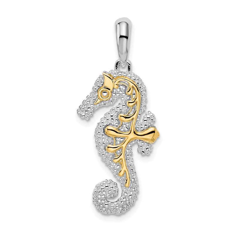 Silver/14K Two-Tone De-Ani Sterling Silver Rhodium-Plated 3D Large Seahorse With 14K Accent Pendant