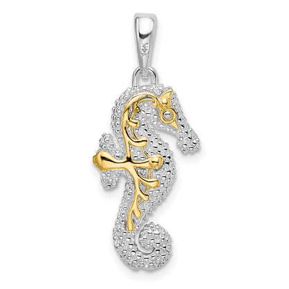 Silver/14K Two-Tone De-Ani Sterling Silver Rhodium-Plated 3D Seahorse With 14K Accent Pendant