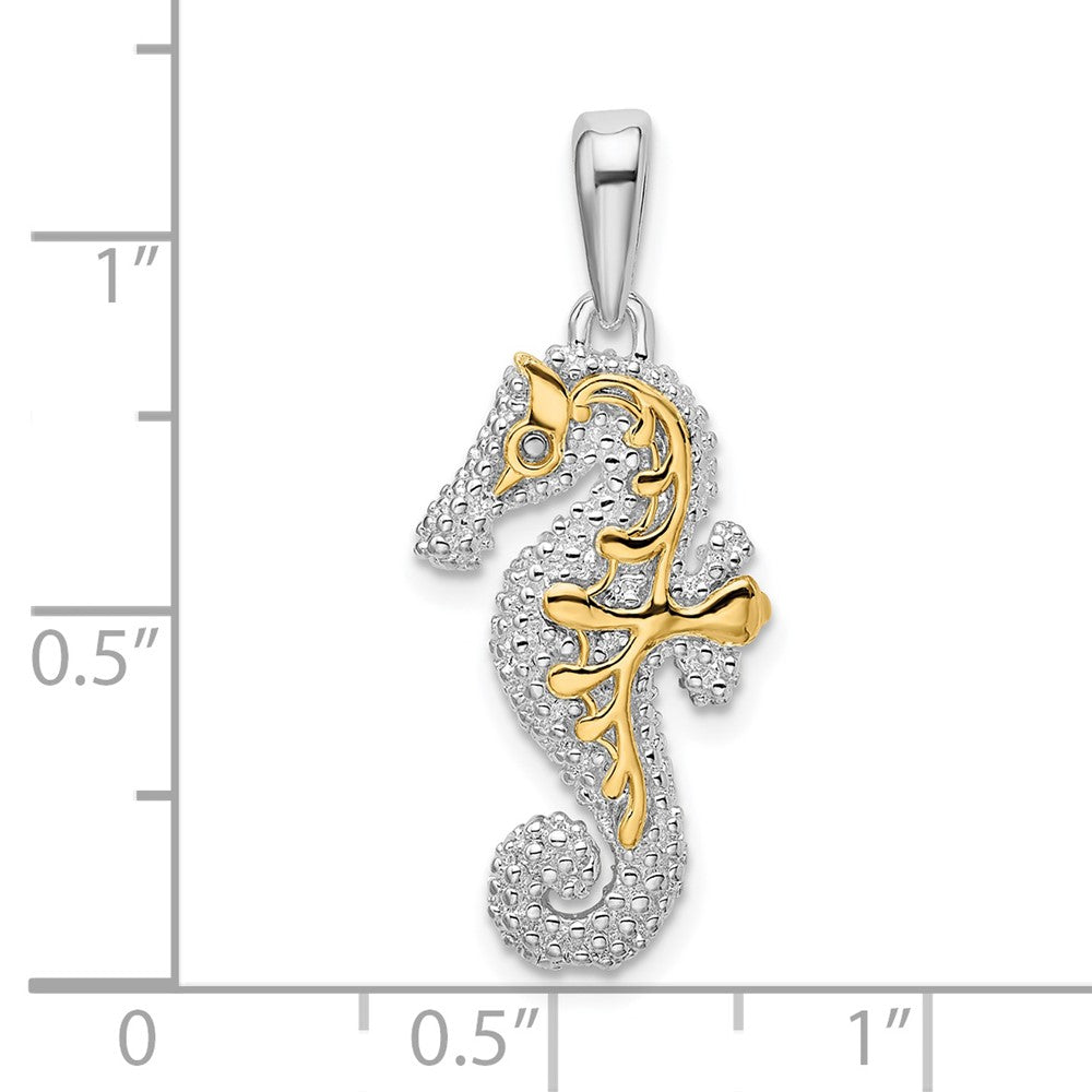 Silver/14K Two-Tone De-Ani Sterling Silver Rhodium-Plated 3D Seahorse With 14K Accent Pendant
