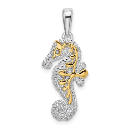 Silver/14K Two-Tone De-Ani Sterling Silver Rhodium-Plated 3D Seahorse With 14K Accent Pendant