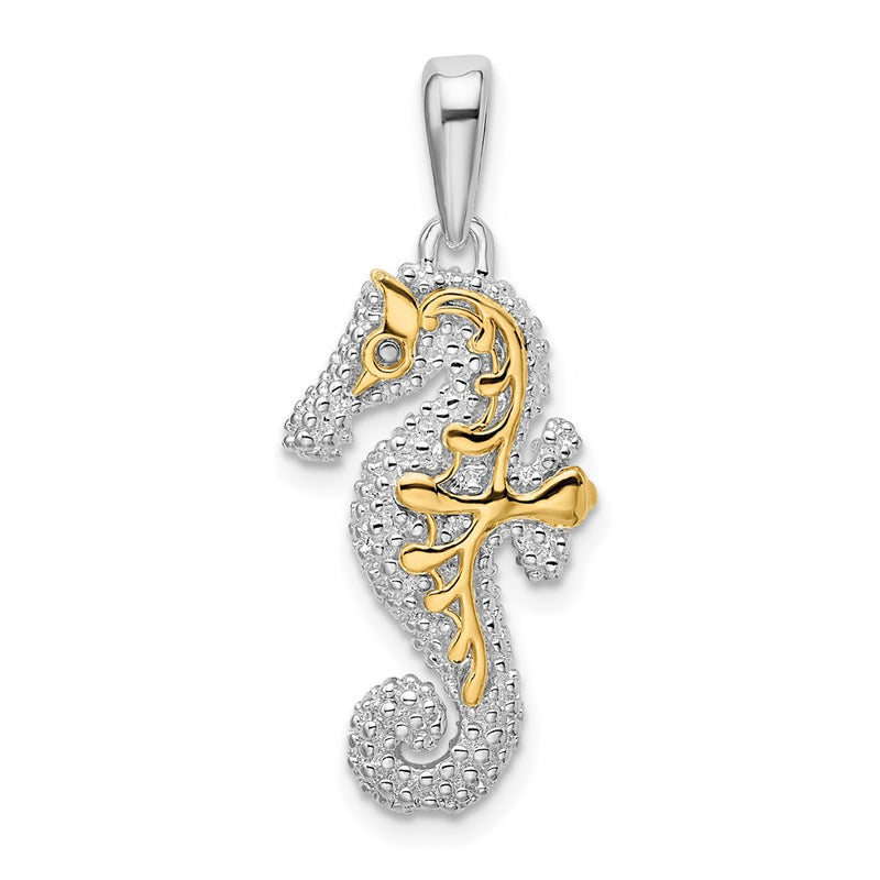 Silver/14K Two-Tone De-Ani Sterling Silver Rhodium-Plated 3D Seahorse With 14K Accent Pendant