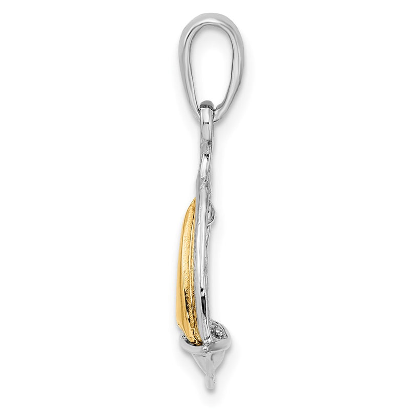 Silver/14K Two-Tone De-Ani Sterling Silver Rhodium-Plated Polished 3D Sailboat With 14K Sail Pendant