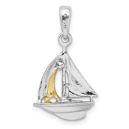 Silver/14K Two-Tone De-Ani Sterling Silver Rhodium-Plated Polished 3D Sailboat With 14K Sail Pendant