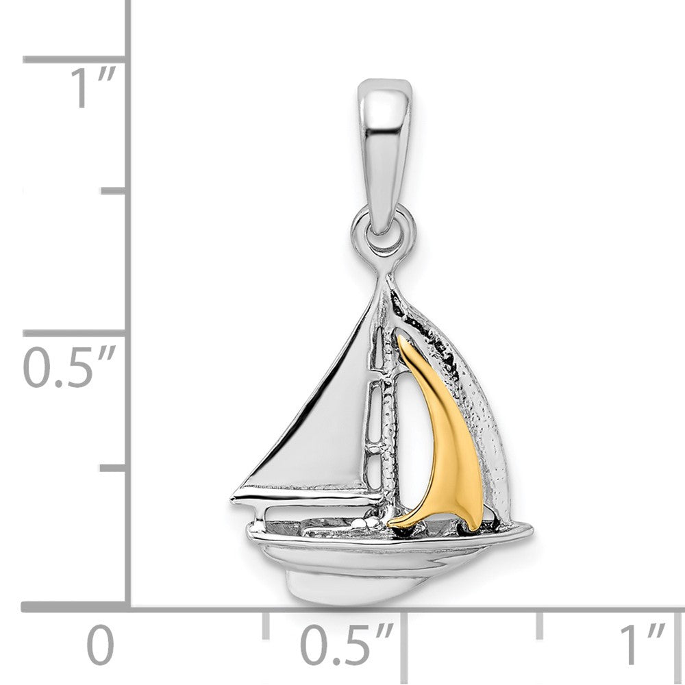 Silver/14K Two-Tone De-Ani Sterling Silver Rhodium-Plated Polished 3D Sailboat With 14K Sail Pendant