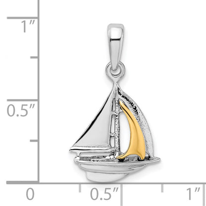 Silver/14K Two-Tone De-Ani Sterling Silver Rhodium-Plated Polished 3D Sailboat With 14K Sail Pendant
