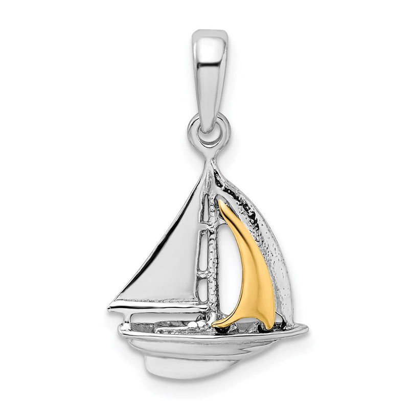 Silver/14K Two-Tone De-Ani Sterling Silver Rhodium-Plated Polished 3D Sailboat With 14K Sail Pendant