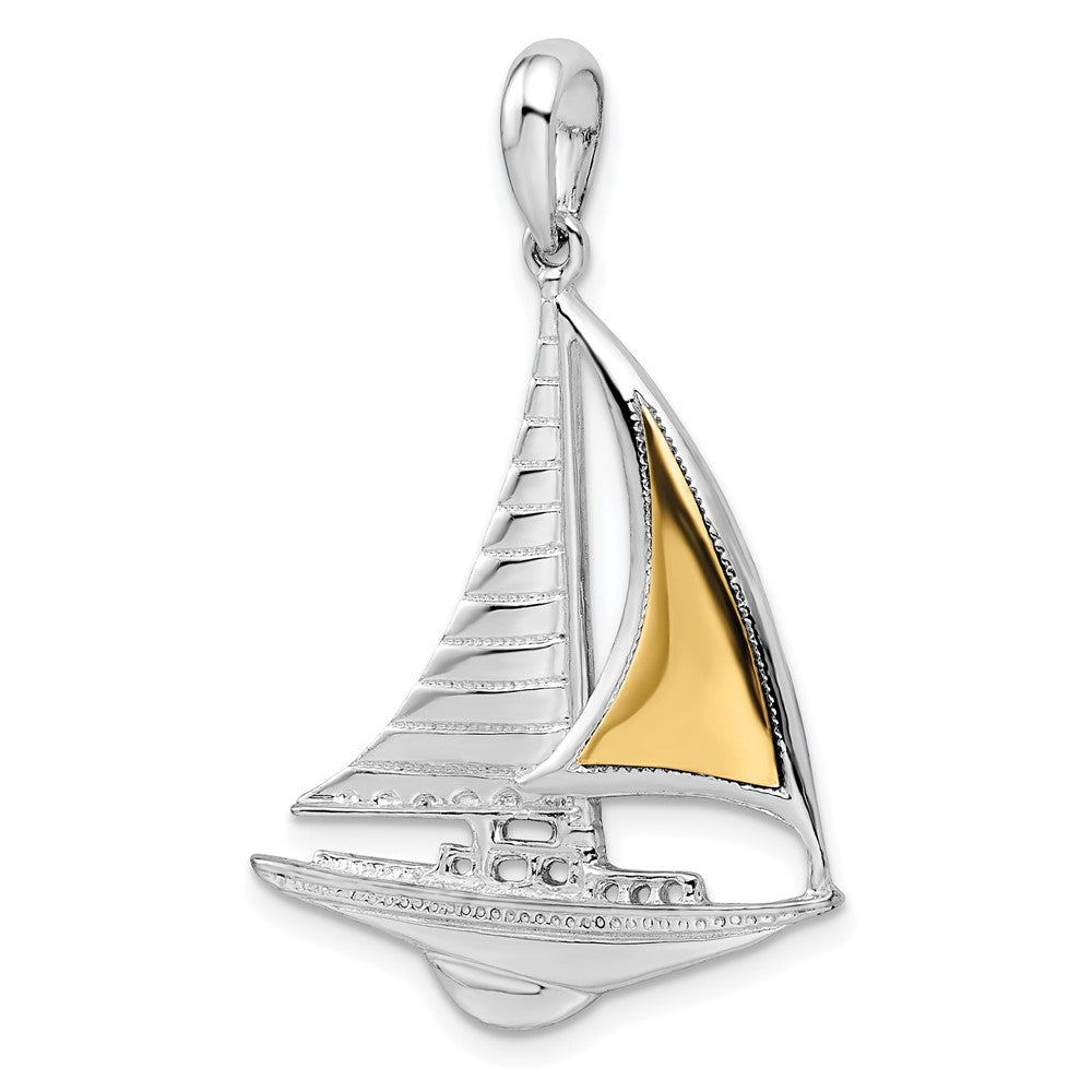 Silver/14K Two-Tone De-Ani Sterling Silver Rhodium-Plated Polished Sailboat With 14K Accent Pendant