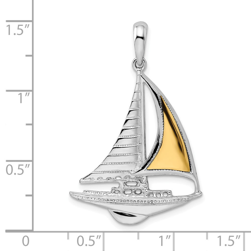 Silver/14K Two-Tone De-Ani Sterling Silver Rhodium-Plated Polished Sailboat With 14K Accent Pendant