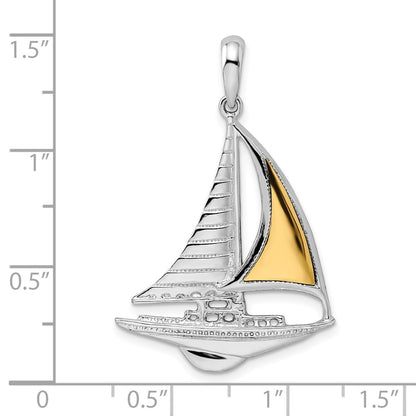 Silver/14K Two-Tone De-Ani Sterling Silver Rhodium-Plated Polished Sailboat With 14K Accent Pendant