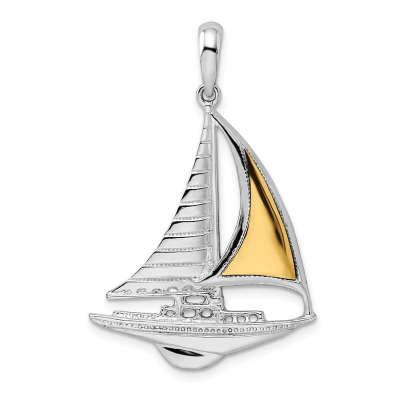 Silver/14K Two-Tone De-Ani Sterling Silver Rhodium-Plated Polished Sailboat With 14K Accent Pendant