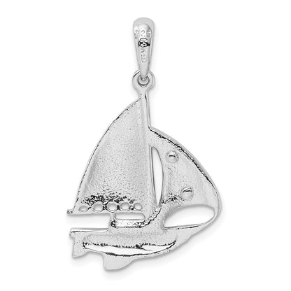 Silver/14K Two-Tone De-Ani Sterling Silver Rhodium-Plated Polished Sailboat With 14K Sail Pendant