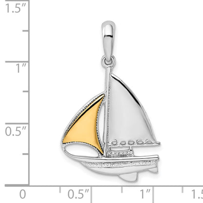 Silver/14K Two-Tone De-Ani Sterling Silver Rhodium-Plated Polished Sailboat With 14K Sail Pendant