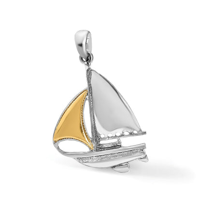 Silver/14K Two-Tone De-Ani Sterling Silver Rhodium-Plated Polished Sailboat With 14K Sail Pendant