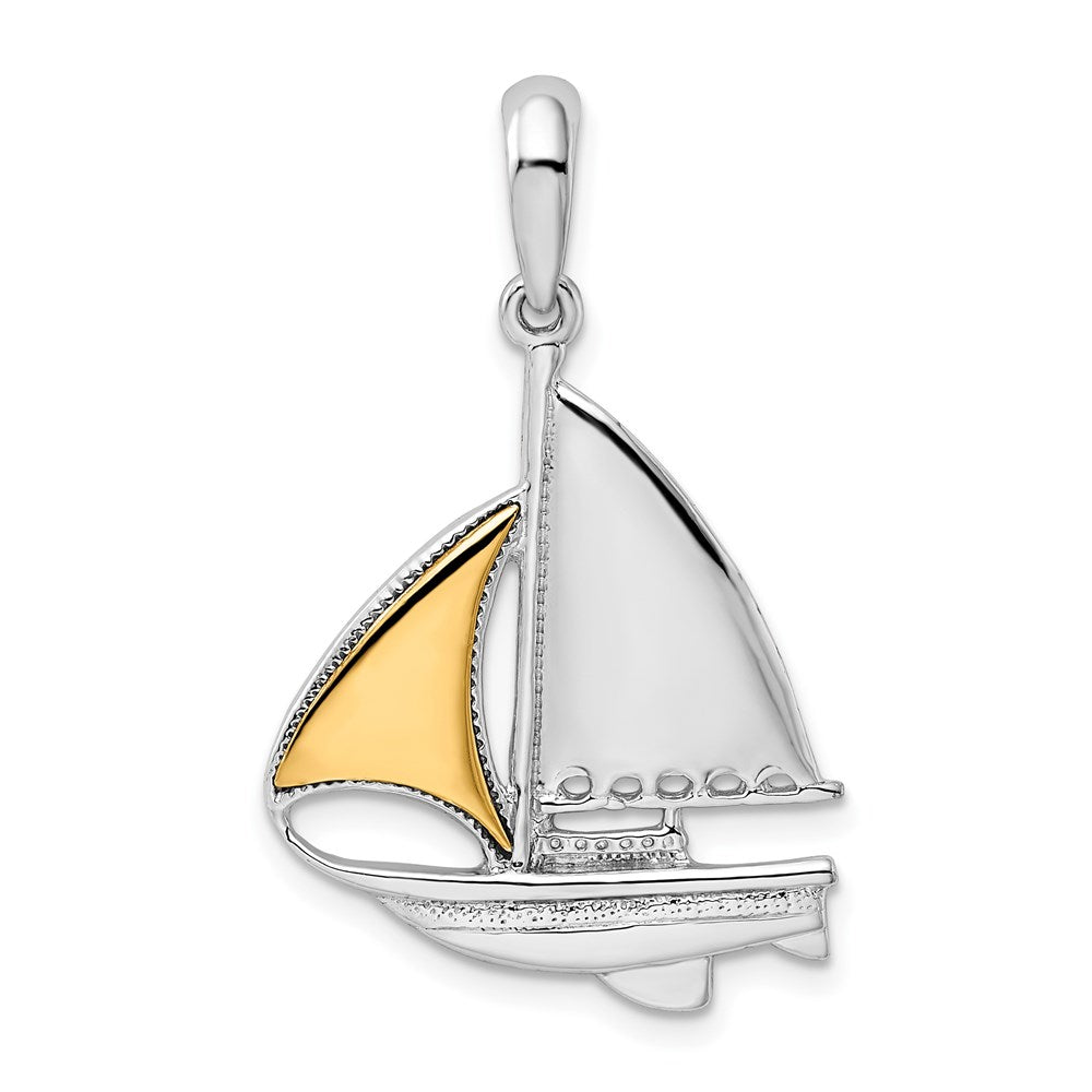 Silver/14K Two-Tone De-Ani Sterling Silver Rhodium-Plated Polished Sailboat With 14K Sail Pendant