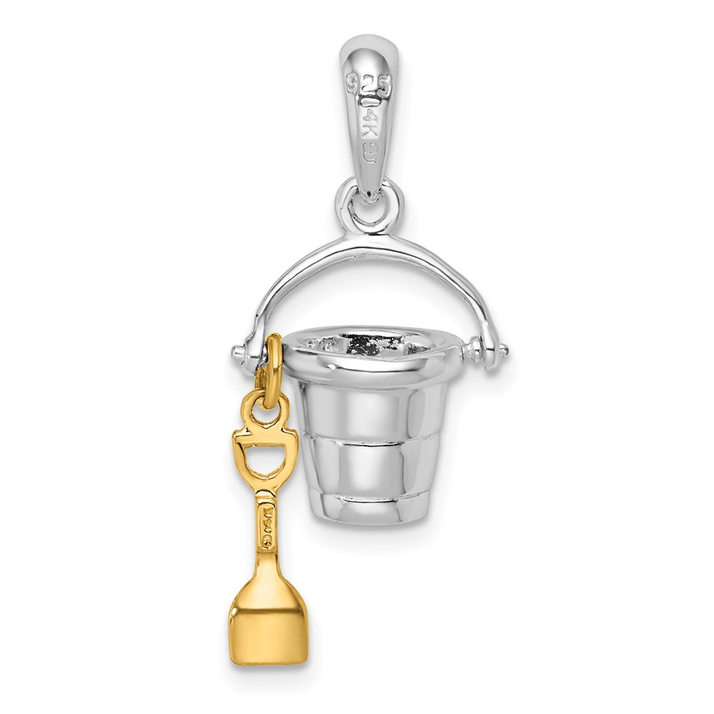 Silver/14K Two-Tone Sterling Silver Polished 3D Moveable Bucket W/14K Shovel Pendant