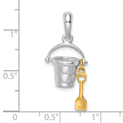Silver/14K Two-Tone Sterling Silver Polished 3D Moveable Bucket W/14K Shovel Pendant