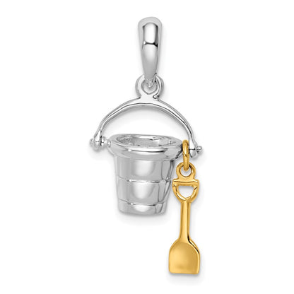Silver/14K Two-Tone Sterling Silver Polished 3D Moveable Bucket W/14K Shovel Pendant