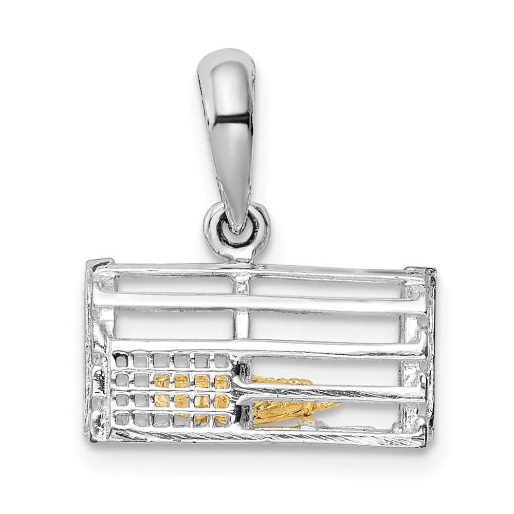 Silver/14K Two-Tone De-Ani Sterling Silver Rhodium-Plated Moveable 3D Trap With 14K Lobster Pendant