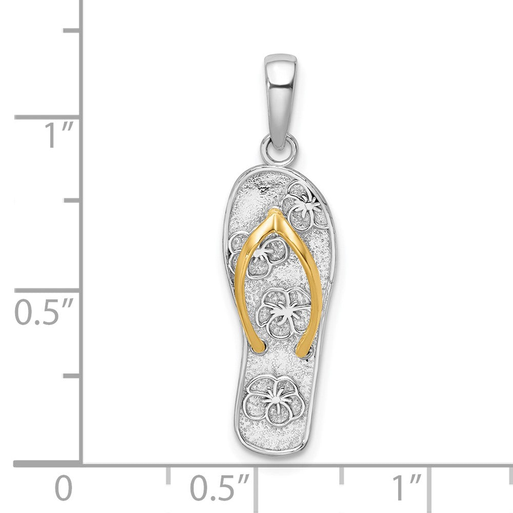 Silver/14K Two-Tone De-Ani Sterling Silver Rhodium-Plated 3D Floral Flip-Flop With 14K Straps Pendant