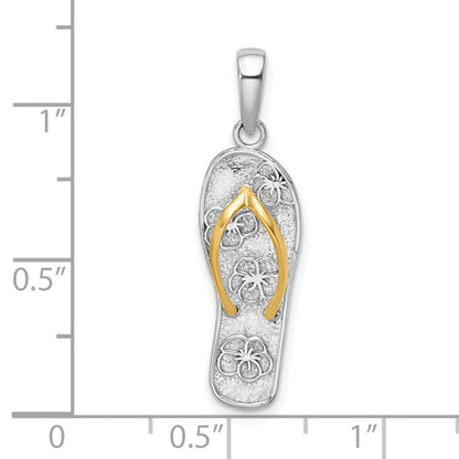 Silver/14K Two-Tone De-Ani Sterling Silver Rhodium-Plated 3D Floral Flip-Flop With 14K Straps Pendant