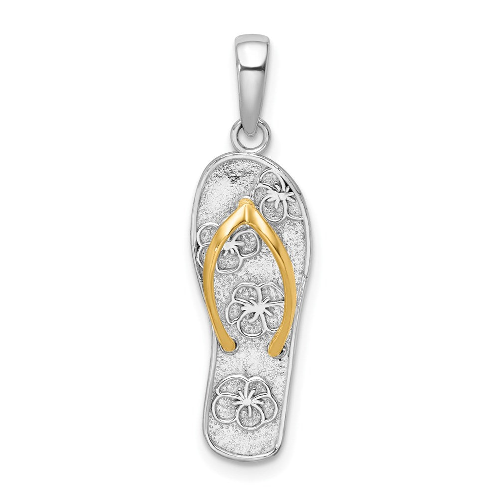 Silver/14K Two-Tone De-Ani Sterling Silver Rhodium-Plated 3D Floral Flip-Flop With 14K Straps Pendant