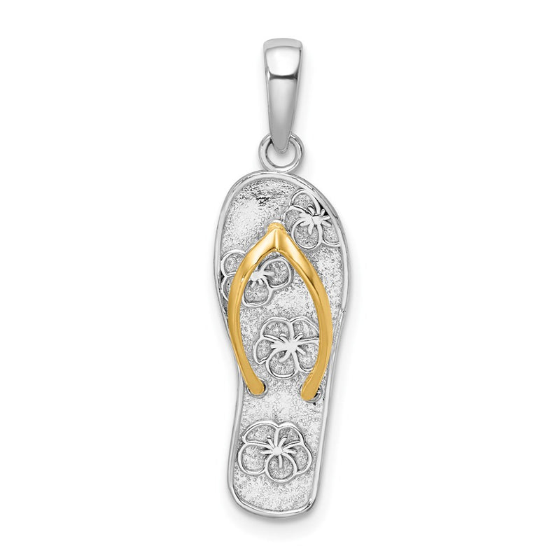Silver/14K Two-Tone De-Ani Sterling Silver Rhodium-Plated 3D Floral Flip-Flop With 14K Straps Pendant