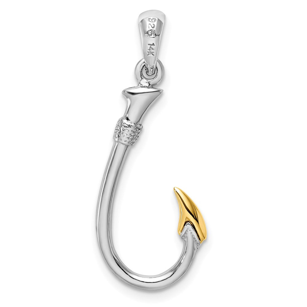 Silver/14K Two-Tone De-Ani Sterling Silver Rhodium-Plated 3D Fish Hook With 14K Accent Pendant