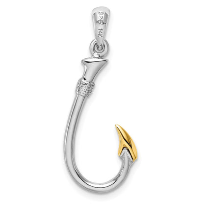 Silver/14K Two-Tone De-Ani Sterling Silver Rhodium-Plated 3D Fish Hook With 14K Accent Pendant
