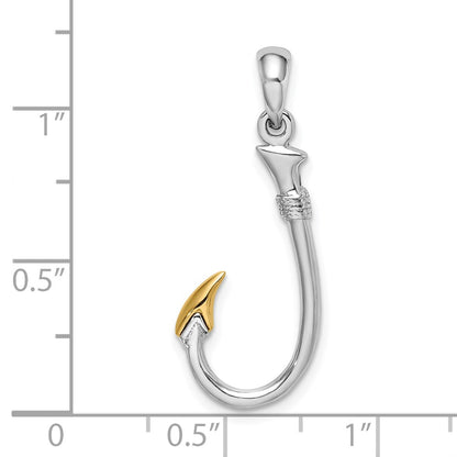 Silver/14K Two-Tone De-Ani Sterling Silver Rhodium-Plated 3D Fish Hook With 14K Accent Pendant