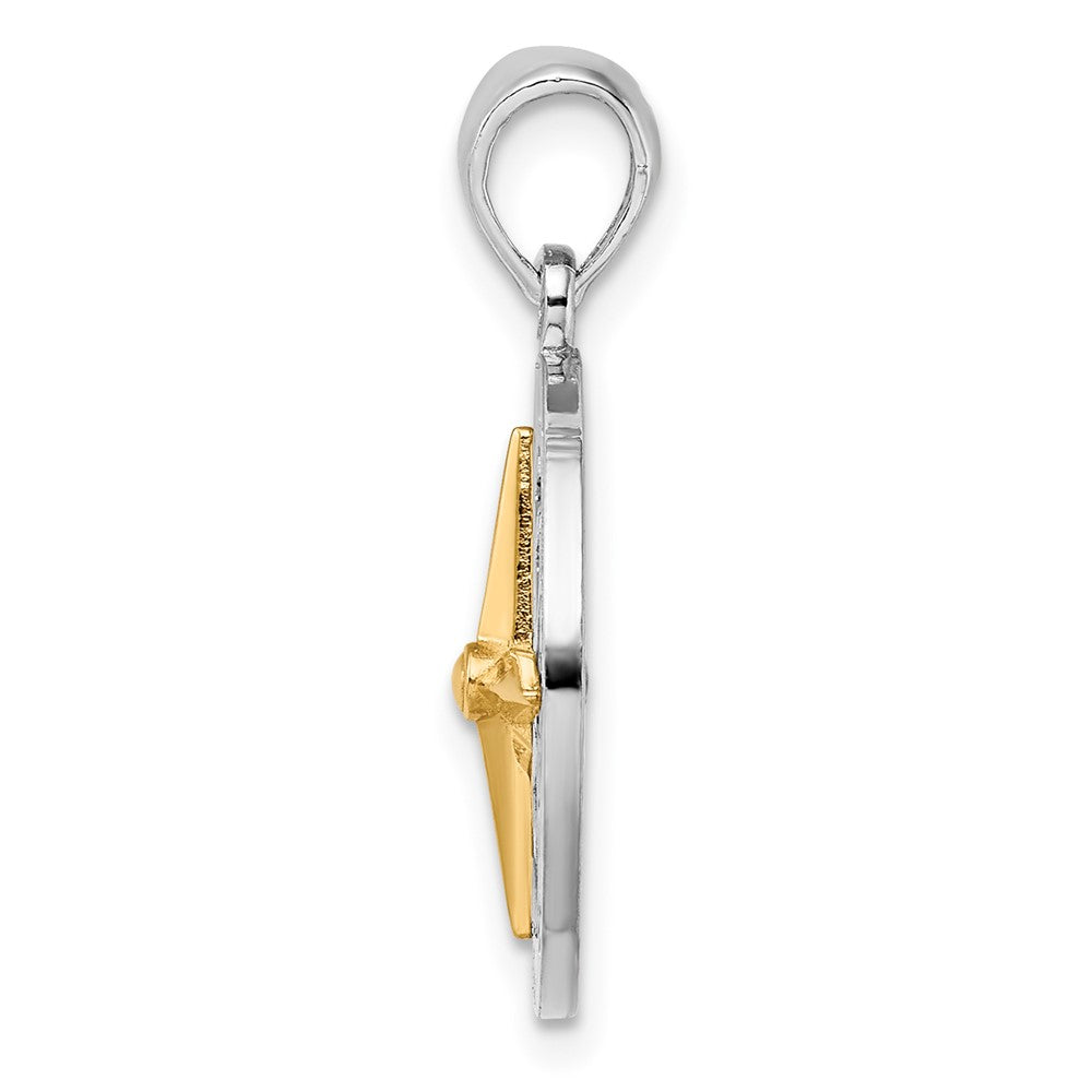 Silver/14K Two-Tone De-Ani Sterling Silver Rhodium-Plated Small Compass With 14K Needle Pendant